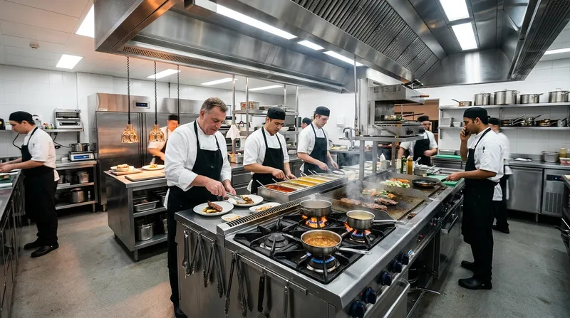 Cozinha profissional em aço inox em plena operação